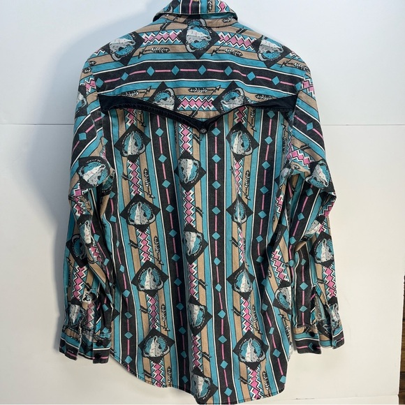 Vtg Dakota Sunset Southwest Bison Skull Rodeo Button Up Long Sleeve Shirt Sz M - Picture 3 of 9